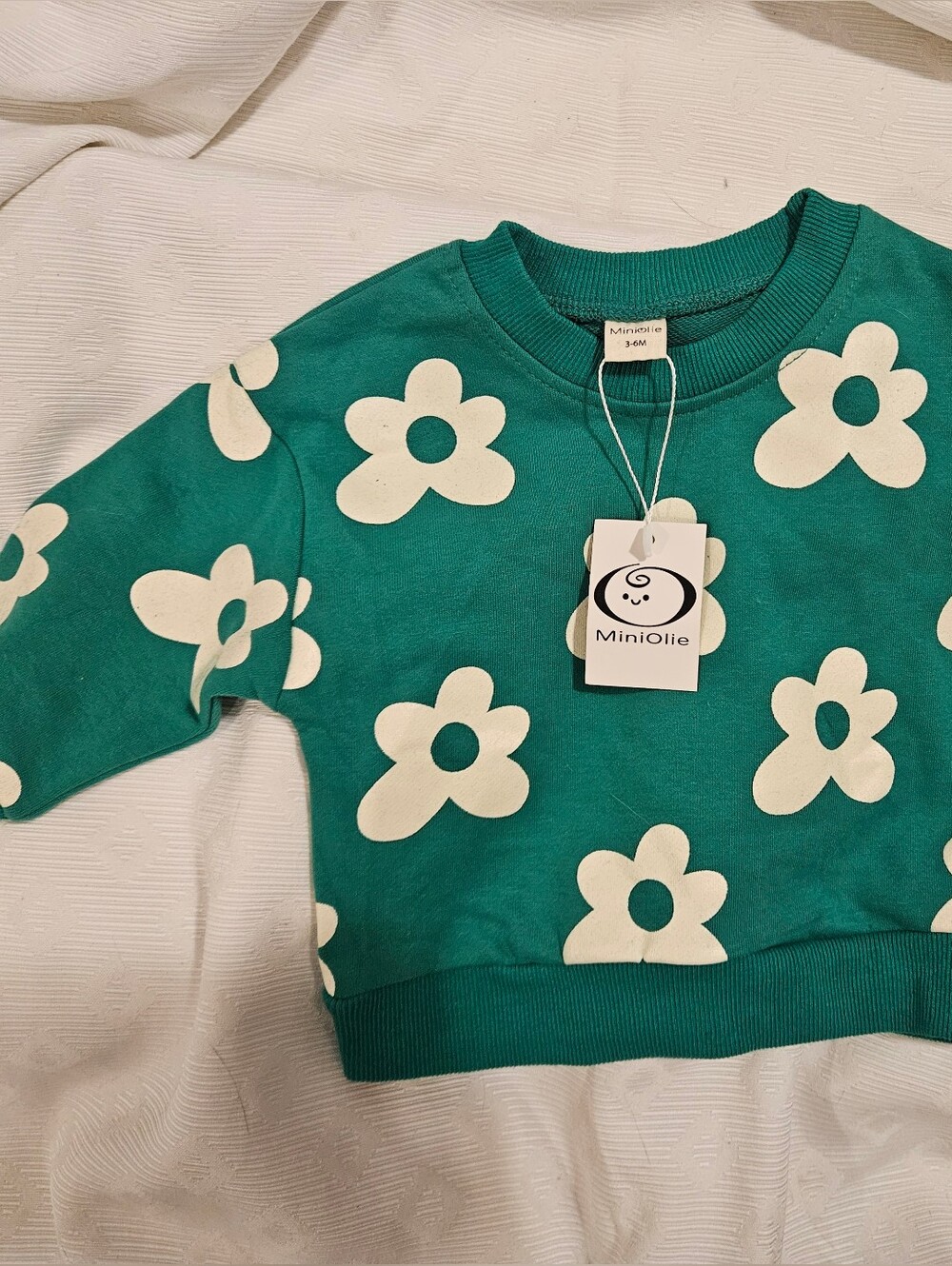Miniolie Sweatshirt Size 3-6 Months, Baby Girl, White Daisies, Green, NWT New